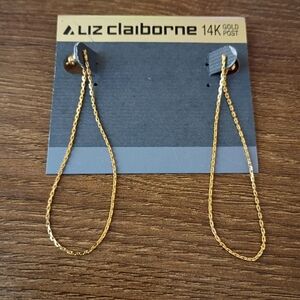 NWOT Liz Claiborne 14K Gold Post Delicate Chain Loop Dangle Drop Earrings